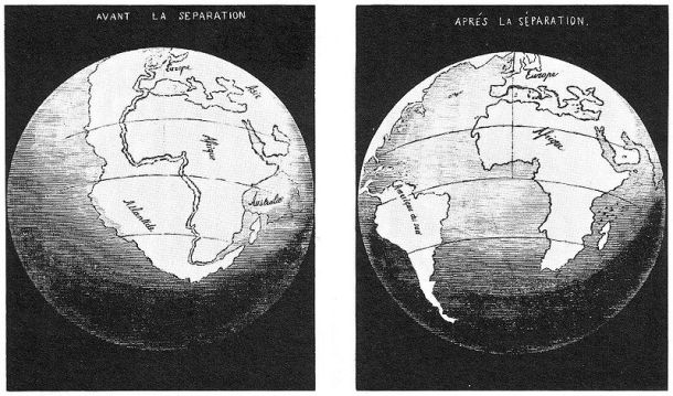 Antonio Snider-Pellegrini's Illustration of the closed and opened Atlantic Ocean (1858).