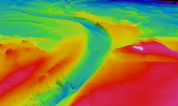 A three-dimensional view, in false colour, of the underwater Black Sea channel. Adapted from Parsons et al. (2010), Geology, 38, 1063-1066.