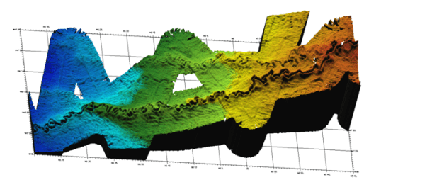 A 200 kilometre (125 mile) long section of the modern Amazon Fan, showing segments of several highly sinuous submarine channels up to 4 km wide, with banks 100 m high. From Amos and Peakall (2006) courtesy of IFREMER.
