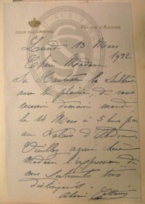 Letter inviting F Teall's wife to Abdeen Palace to meet the Sultana of Egypt, 1922