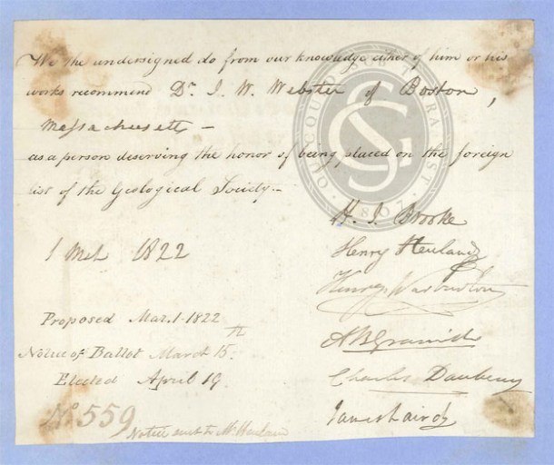 John White Webster’s admission certificate nominating him as a Foreign Member of the Geological Society, March-April 1822 (GSL/F/1/2) 