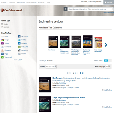 Engineering geology subject area search: GSL publications alongside other geological society publications.