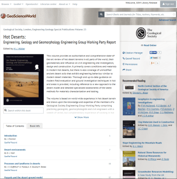 A book’s ‘main book’ page: the table of contents and other book information occupies the left and centre of the screen while recommended reading, social sharing and download function to citation managers is on the right of the screen.