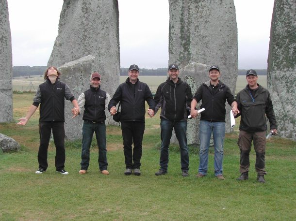 Part of the LBI ArchPro survey team at Stonehenge (from left: Nico Neubauer, Thomas Zitz, Wolfgang Neubauer, Klaus Löcker, Erich Nau, Immo Trinks).© LBI ArchPro, Geert Verhoeven