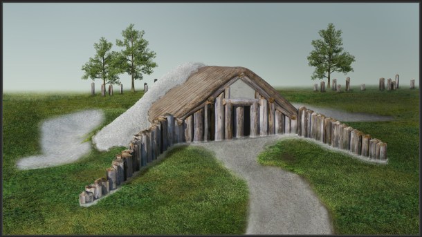 3D-reconstruction and visualization of the long barrow southwest of Durrington Walls (view towards the entrance from the northeast) just before the wooden mortuary building was completely covered by material excavated from ditches dug along the long sides of the construction.© LBI ArchPro, Joachim Brandtner
