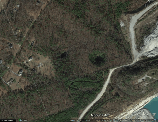 Aerial image of the two sinkholes in Shelby County. Image Credit - adapted from Google Earth 