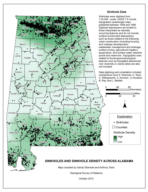 Sinkholes and Sinkhole Density across Alabama. Image Credit - Geological Survey of Alabama, map compiled by Sandy Ebersole and Anthony Tavis, October 2010. 