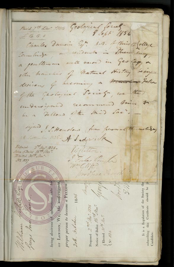 Charles Darwin's fellowship application form.