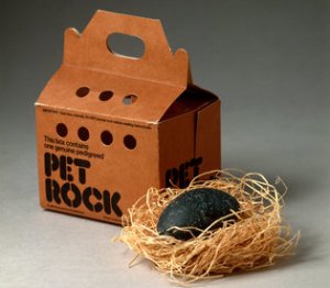 The pet rock, a smooth beach pebble, came on a bed of straw, complete with carry-case (perforated) and a 32-page instruction manual.