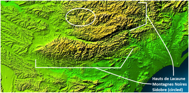 Figure 1: The Black Mountains, the Lacaune Hills and the Sidobre [Source: Adapted from http://photojournal.jpl.nasa.gov/jpeg/PIA03393.jpg]