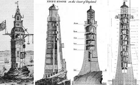 The four successive Lighthouses, left to right: Winstanley's lighthouse (Built 1698, destroyed in the Great Storm of 1703) (Source Wikimedia Commons)  Rudyard's lighthouse (Built 1709, burnt down 1755) (Source Wikimedia Commons)  Smeaton's lighthouse (Built 1759, dismantled in 1877) (Source Wikimedia Commons)  Douglass's lighthouse (1882-present) (Source Wikimedia Commons) 