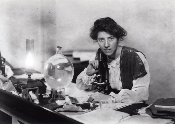 Marie Stopes in her laboratory (source: Marie Stopes International Australia.) Stopes was elected a Fellow of the Geological Society in 1922.