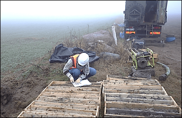 Staff from RSKW and the University of Glasgow monitoring a freshwater aquifer directly above a shale gas fracking well at Wysin, Poland. 