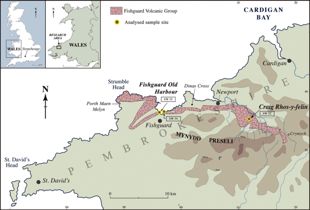 Map showing the outcrop of the Fishguard Volcanic Group across north Pembrokeshire. Based on compilation by British Geological Survey (2010)
