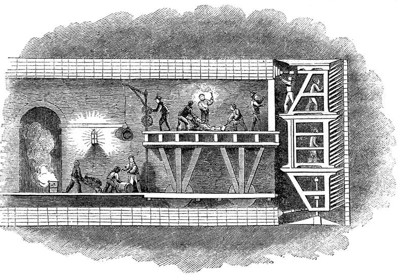 The Tunnelling Shield for the Thames Tunnel (in cross-section) designed by Marc Brunel and Thomas Cochrane